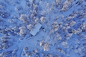 Looking straight down towards the cabin from a drone