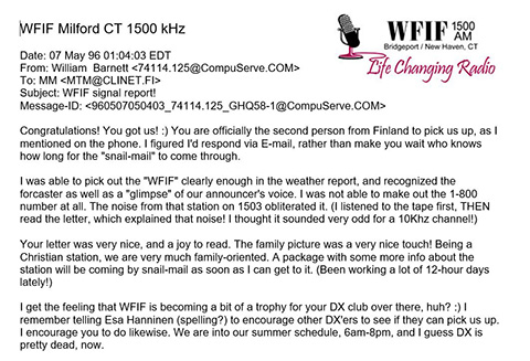 Mika's QSL from WFIF 1500 AM